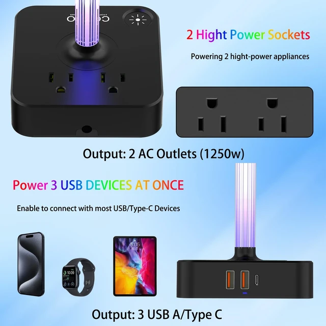 Alt view image 4 of 7 - Headphone Stand with Charger, USB C, Gifts for Gamers Men, Black Pro | Gaming Headset Stand Holder for Desk, 3 USB(1 USB C) and 2 AC Outlets Charging Ports, Headphone Hanger, Gamer Gifts for Men