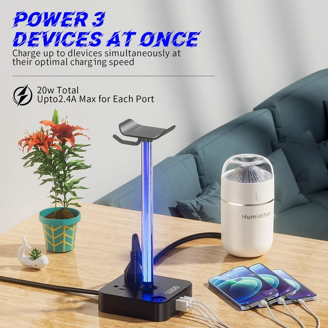 Alt view image 5 of 7 - Headphone Stand with Charger, USB C, Gifts for Gamers Men, Black Pro | Gaming Headset Stand Holder for Desk, 3 USB(1 USB C) and 2 AC Outlets Charging Ports, Headphone Hanger, Gamer Gifts for Men