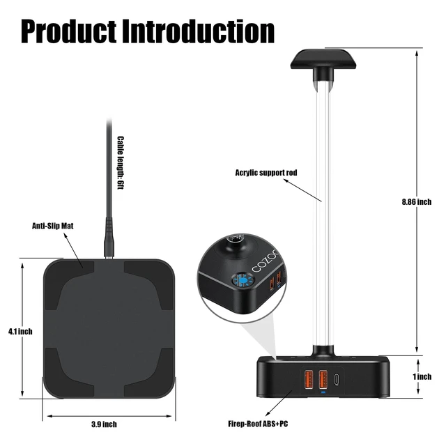 Alt view image 7 of 7 - Headphone Stand with Charger, USB C, Gifts for Gamers Men, Black Pro | Gaming Headset Stand Holder for Desk, 3 USB(1 USB C) and 2 AC Outlets Charging Ports, Headphone Hanger, Gamer Gifts for Men