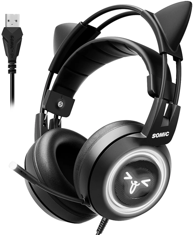 Main image of G951black Gaming Headset for PC, PS4, Laptop: 7.1 Virtual Surround Sound Detachable Cat Ear Headphones LED, USB, Lightweight Self-Adjusting Over Ear Headphones Black