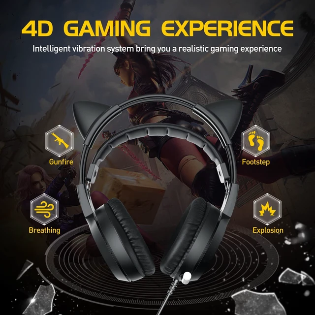 Alt view image 3 of 6 - G951black Gaming Headset for PC, PS4, Laptop: 7.1 Virtual Surround Sound Detachable Cat Ear Headphones LED, USB, Lightweight Self-Adjusting Over Ear Headphones Black