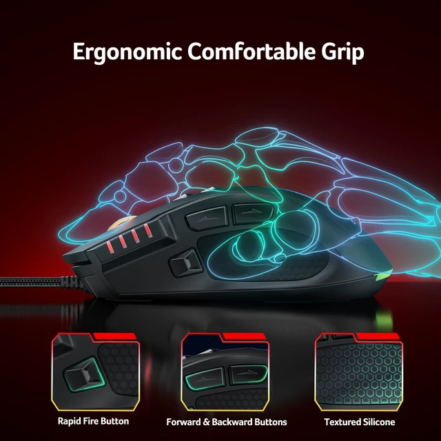 Alt view image 2 of 7 - Wired Gaming Mouse, 12,800 DPI RGB Ergonomic Computer Mouse for PC | Optical Sensor, 12 Backlit Modes, 8 Programmable Buttons, Software for DIY Keybinds, Rapid Fire, USB Mouse for Laptop