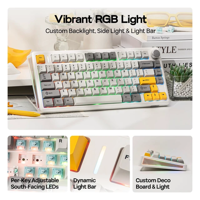 Alt view image 4 of 7 - TH80 V2 75% Wireless Mechanical Keyboard with Metal Knob, 8000mAh | 2.4Ghz/BT/USB-C, RGB, Hot Swap, Custom Driver, PBT Keycap, Wireless Gaming Keyboard for PC/Mac (White, Sea Salt Silent)