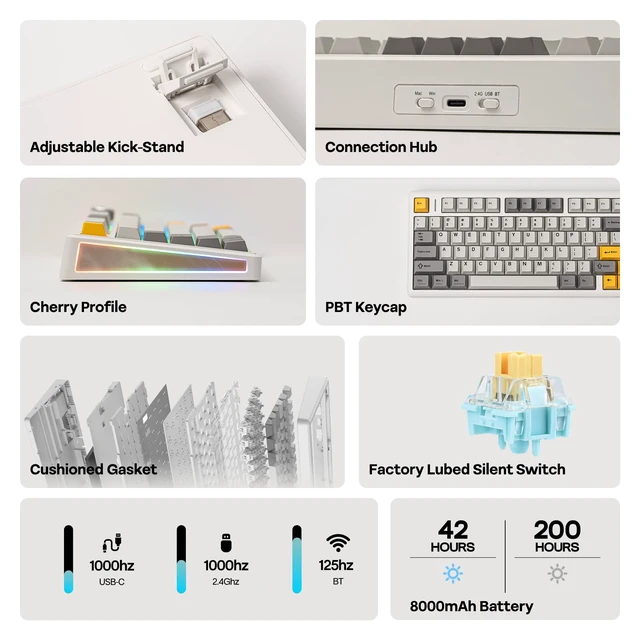 Alt view image 3 of 7 - TH80 V2 75% Wireless Mechanical Keyboard with Metal Knob, 8000mAh | 2.4Ghz/BT/USB-C, RGB, Hot Swap, Custom Driver, PBT Keycap, Wireless Gaming Keyboard for PC/Mac (White, Sea Salt Silent)