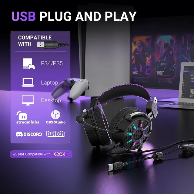 Alt view image 6 of 7 - Wired USB Gaming Headset with Open Back Design, Breathable Mesh Fabric, 7.1 Surround Sound, Vibrant RGB, in-line Control Box, Over-Ear Headphone with Mic for PC, PS5/PS4, Laptop, Mac - H19BP