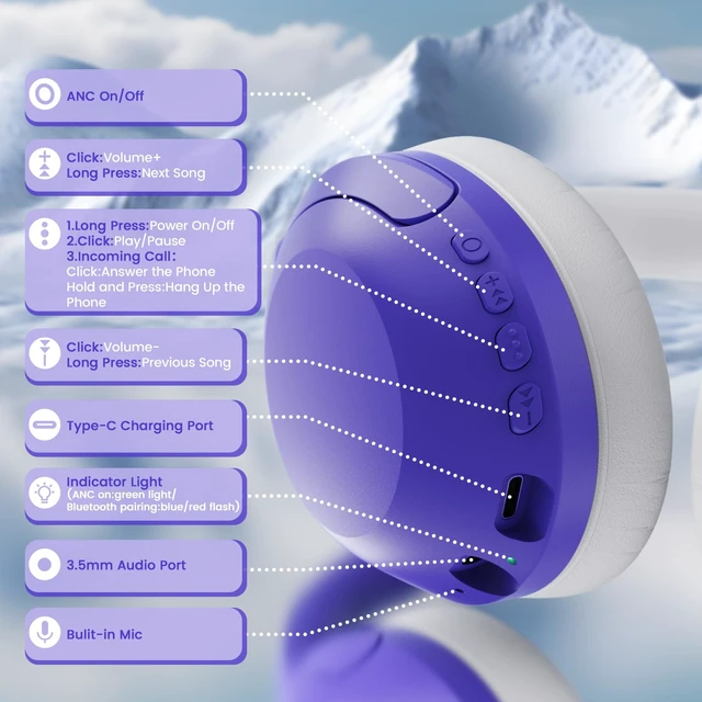 Alt view image 5 of 7 - G300 ANC Headphones, Bluetooth 5.3 Wireless Over Ear, Purple | -21dB Noise Cancelling, 210g Lightweight, 20+H Playtime, Foldable Design, 40mm Drivers, Wired & Wireless for Trip/Home/Office