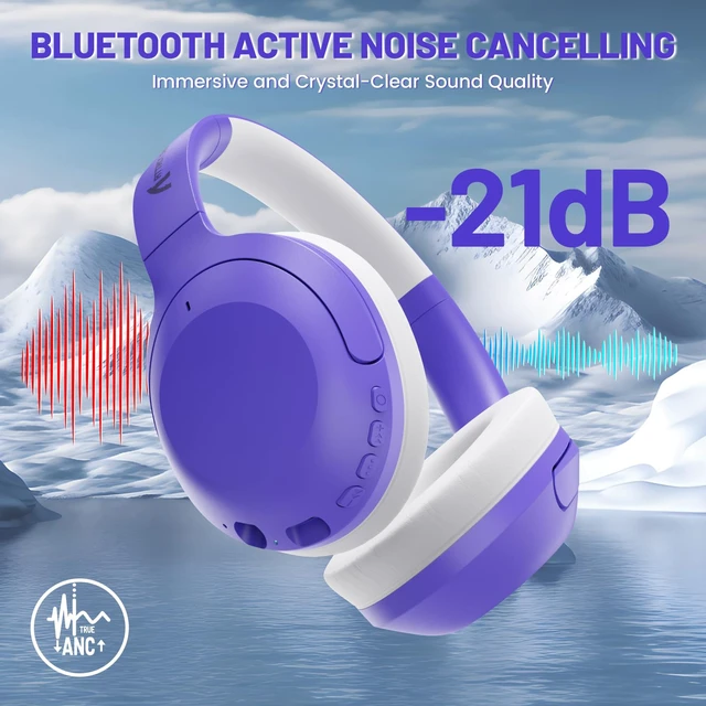 Alt view image 2 of 7 - G300 ANC Headphones, Bluetooth 5.3 Wireless Over Ear, Purple | -21dB Noise Cancelling, 210g Lightweight, 20+H Playtime, Foldable Design, 40mm Drivers, Wired & Wireless for Trip/Home/Office