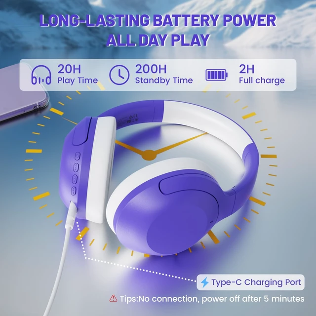 Alt view image 4 of 7 - G300 ANC Headphones, Bluetooth 5.3 Wireless Over Ear, Purple | -21dB Noise Cancelling, 210g Lightweight, 20+H Playtime, Foldable Design, 40mm Drivers, Wired & Wireless for Trip/Home/Office