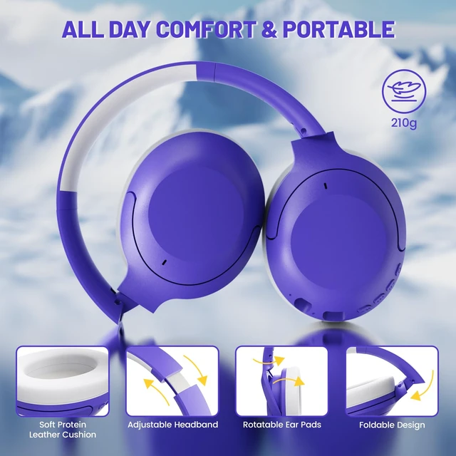 Alt view image 7 of 7 - G300 ANC Headphones, Bluetooth 5.3 Wireless Over Ear, Purple | -21dB Noise Cancelling, 210g Lightweight, 20+H Playtime, Foldable Design, 40mm Drivers, Wired & Wireless for Trip/Home/Office