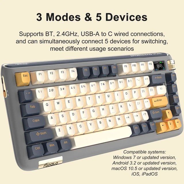 Alt view image 3 of 7 - F75 Mechanical Keyboard, 75% Hot Swappable Gasket Structure Tri-Mode Gaming Keyboard, 81 Keys RGB Bluetooth Wireless Keyboard with Linear Switch, PBT Keycaps, Screen for Windows Mac (Gray)