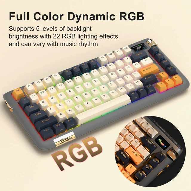 Alt view image 2 of 7 - F75 Mechanical Keyboard, 75% Hot Swappable Gasket Structure Tri-Mode Gaming Keyboard, 81 Keys RGB Bluetooth Wireless Keyboard with Linear Switch, PBT Keycaps, Screen for Windows Mac (Gray)