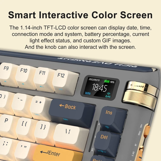 Alt view image 5 of 7 - F75 Mechanical Keyboard, 75% Hot Swappable Gasket Structure Tri-Mode Gaming Keyboard, 81 Keys RGB Bluetooth Wireless Keyboard with Linear Switch, PBT Keycaps, Screen for Windows Mac (Gray)