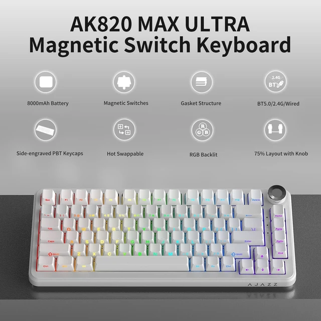 Alt view image 4 of 7 - AK820 Max HE Gaming Magnetic Keyboard Switch Magnetic Hot Swappable Adjustable Actuation Rapid Trigger Mode 8000mAh RGB Wireless Bluetooth 75% White Keyboards