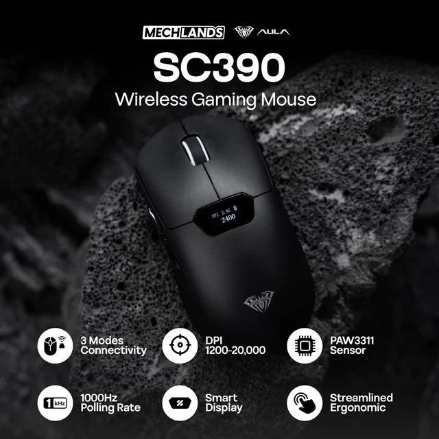 Alt view image 2 of 7 - Aula SC390 Lightweight Gaming Mouse with Display Screen | 2.4G/USB-C/BT Wireless Mouse w/ 400mAh Battery, Adjustable 20,000 DPI, 1000 Polling Rate, PAW3311 Sensor, for Win/Mac (Black)