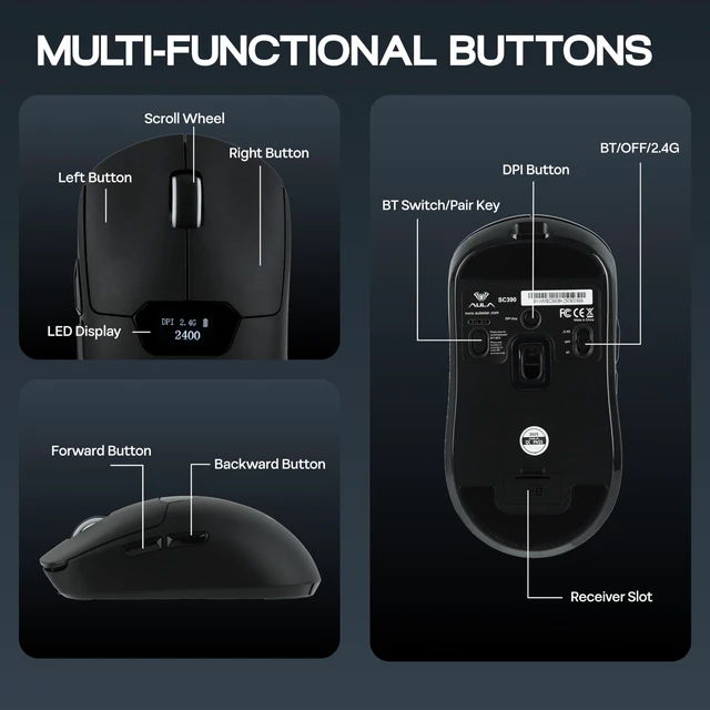 Alt view image 7 of 7 - Aula SC390 Lightweight Gaming Mouse with Display Screen | 2.4G/USB-C/BT Wireless Mouse w/ 400mAh Battery, Adjustable 20,000 DPI, 1000 Polling Rate, PAW3311 Sensor, for Win/Mac (Black)