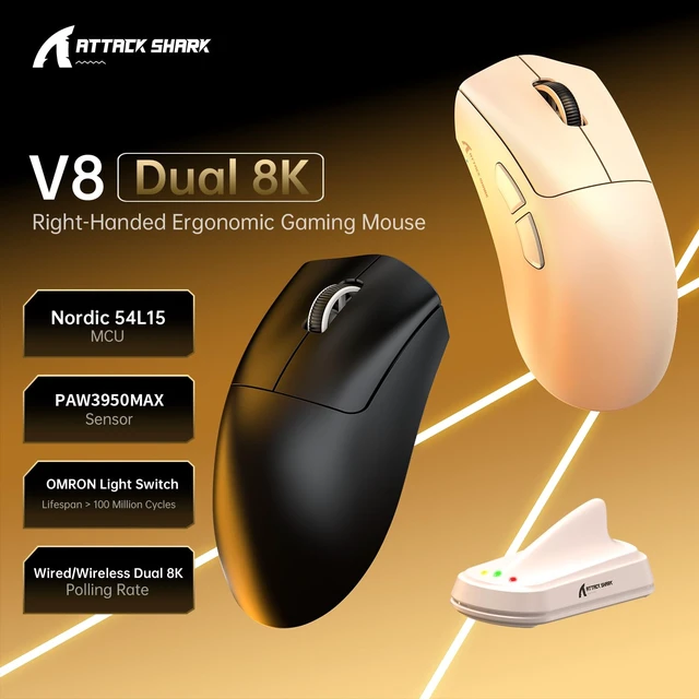 Alt view image 3 of 7 - V8 Wireless Ultralight 8K Polling Gaming Mouse-White | 42000 DPI,Nordic 54L15 MCU Chip,PAW3950 Max Sensor,Tri Mode-Wired/BT/2.4Ghz,400Hrs Long Battery,Programmable for PC Mac FPS