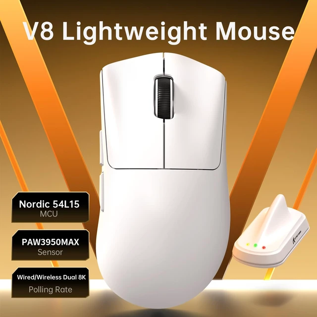 Alt view image 3 of 7 - V8 8000Hz Wireless Gaming Mouse, 59g Lightweight, White | BT/2.4G Wireless/Wired Mouse, PixArt PAW3950MAX Gaming Sensor,42000 DPI,20000 FPS,Coiled Cable,Office Mice for PC/Win/Mac