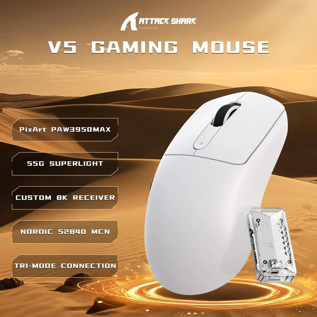 Alt view image 2 of 7 - V5 8K Polling Rate Ultra-Light Wireless Gaming Mouse - White | 55g, PAW3950MAX Sensor, 42K DPI, Tri-Mode, Ergonomic, Web Driver Programmable, with Coiled Cable for Large Hands