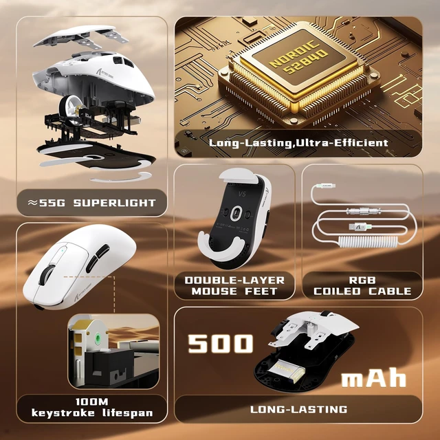 Alt view image 3 of 7 - V5 8K Polling Rate Ultra-Light Wireless Gaming Mouse - White | 55g, PAW3950MAX Sensor, 42K DPI, Tri-Mode, Ergonomic, Web Driver Programmable, with Coiled Cable for Large Hands