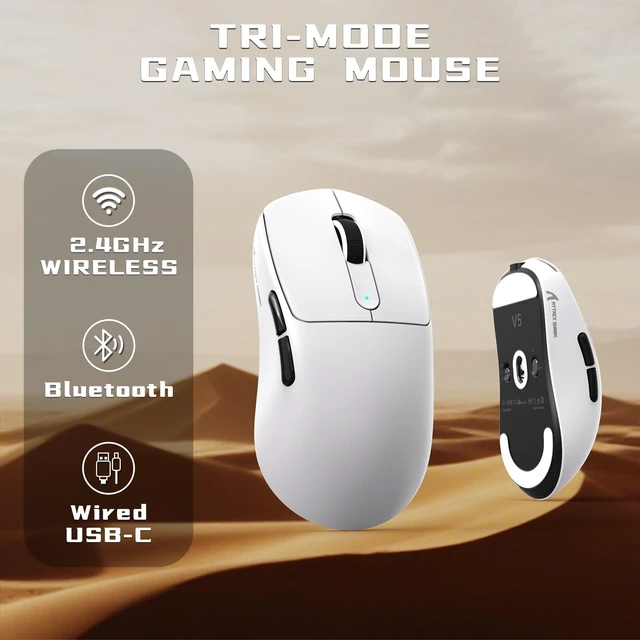 Alt view image 4 of 7 - V5 8K Polling Rate Ultra-Light Wireless Gaming Mouse - White | 55g, PAW3950MAX Sensor, 42K DPI, Tri-Mode, Ergonomic, Web Driver Programmable, with Coiled Cable for Large Hands