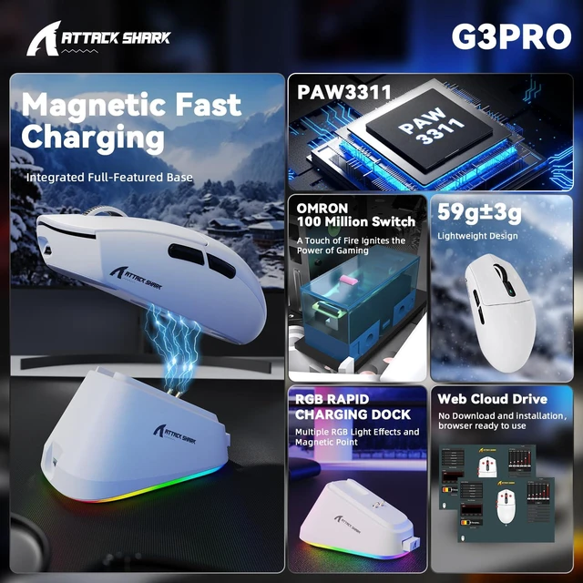 Alt view image 2 of 7 - G3 PRO Wireless Gaming Mouse, 25K DPI, 59g Ultra-Light | PAW3311 Sensor, Tri-Mode 2.4G/Bluetooth/USB-C, 1000Hz, 100M Switches, RGB Magnetic Charging Dock for PC/Mac