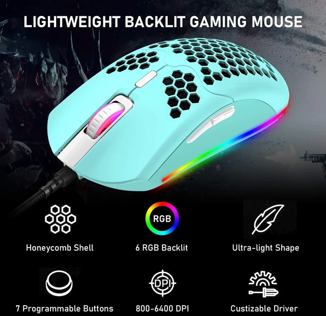 Alt view image 4 of 7 - Wired Lightweight Gaming Mouse,6 RGB Backlit Mouse with 7 Buttons Programmable Driver,6400DPI Computer Mouse,Ultralight Honeycomb Shell Ultraweave Cable for PC Gamers,PS4(Green)