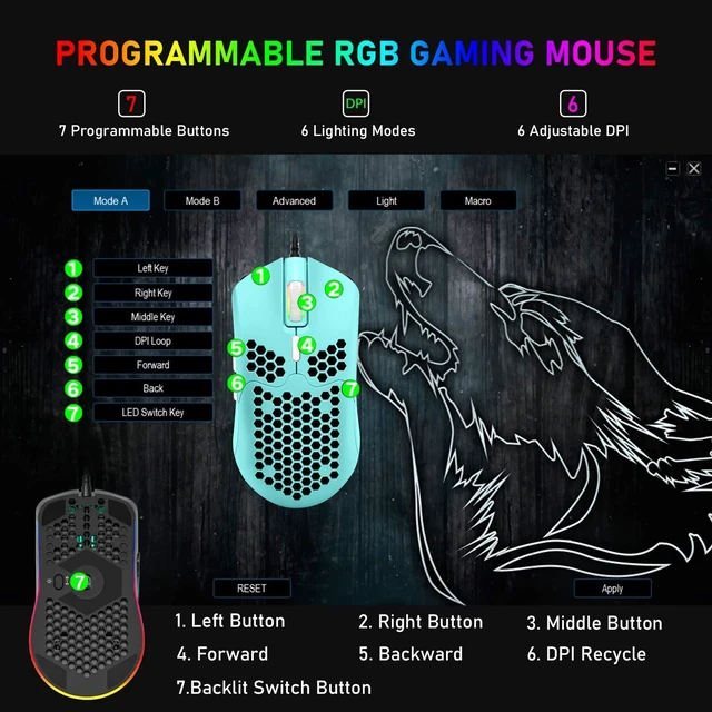 Alt view image 5 of 7 - Wired Lightweight Gaming Mouse,6 RGB Backlit Mouse with 7 Buttons Programmable Driver,6400DPI Computer Mouse,Ultralight Honeycomb Shell Ultraweave Cable for PC Gamers,PS4(Green)