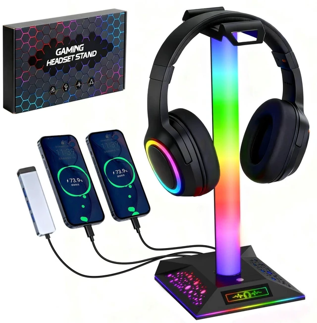 Main image of Gaming Headset Stand, LED Headset Holder with 3 Charging Ports (2 USB & 1 Type-C) & 10 Lighting Modes, Headphone Stand Cool Stuff for Boys, Desk PC Gaming Accessories Gifts for Gamers Men Adult