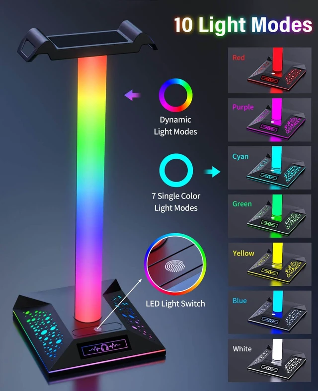 Alt view image 2 of 7 - Gaming Headset Stand, LED Headset Holder with 3 Charging Ports (2 USB & 1 Type-C) & 10 Lighting Modes, Headphone Stand Cool Stuff for Boys, Desk PC Gaming Accessories Gifts for Gamers Men Adult