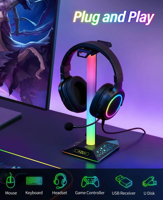 Alt view image 3 of 7 - Gaming Headset Stand, LED Headset Holder with 3 Charging Ports (2 USB & 1 Type-C) & 10 Lighting Modes, Headphone Stand Cool Stuff for Boys, Desk PC Gaming Accessories Gifts for Gamers Men Adult