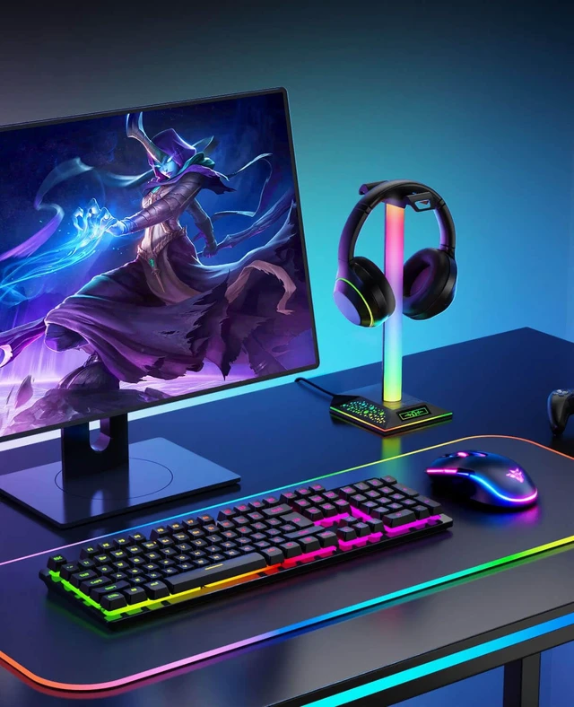 Alt view image 4 of 7 - Gaming Headset Stand, LED Headset Holder with 3 Charging Ports (2 USB & 1 Type-C) & 10 Lighting Modes, Headphone Stand Cool Stuff for Boys, Desk PC Gaming Accessories Gifts for Gamers Men Adult