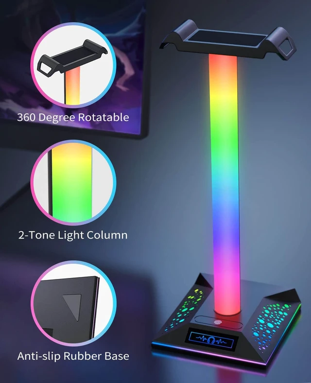 Alt view image 5 of 7 - Gaming Headset Stand, LED Headset Holder with 3 Charging Ports (2 USB & 1 Type-C) & 10 Lighting Modes, Headphone Stand Cool Stuff for Boys, Desk PC Gaming Accessories Gifts for Gamers Men Adult