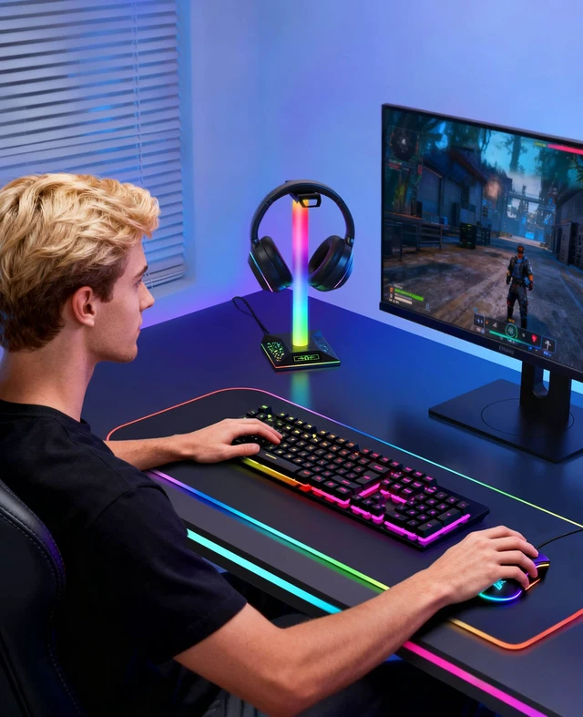 Alt view image 6 of 7 - Gaming Headset Stand, LED Headset Holder with 3 Charging Ports (2 USB & 1 Type-C) & 10 Lighting Modes, Headphone Stand Cool Stuff for Boys, Desk PC Gaming Accessories Gifts for Gamers Men Adult