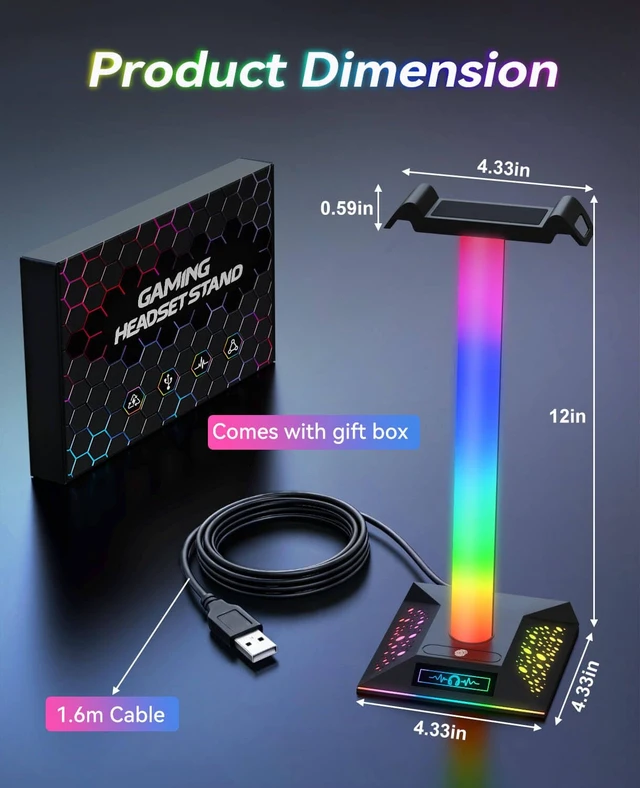 Alt view image 7 of 7 - Gaming Headset Stand, LED Headset Holder with 3 Charging Ports (2 USB & 1 Type-C) & 10 Lighting Modes, Headphone Stand Cool Stuff for Boys, Desk PC Gaming Accessories Gifts for Gamers Men Adult