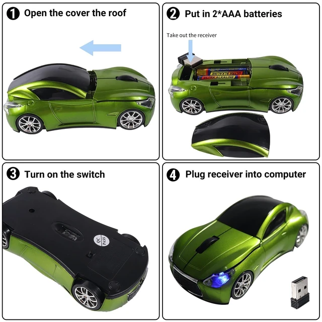 Alt view image 5 of 6 - Space Wireless Mini Mouse with Case - Cute Sports Car Shape, Lightweight & Portable, 10m Range, Plug and Play (Green)