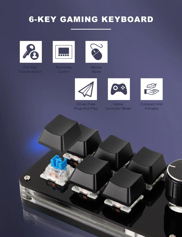 Alt view image 2 of 7 - 6-Key Programmable Mechanical Keypad with Knob, USB Mini Macro Pad One-Handed Gaming Keyboard, Custom Shortcut Keyboard for PC, Type-C Plug & Play (Black)