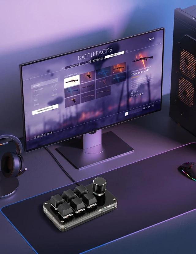 Alt view image 6 of 7 - 6-Key Programmable Mechanical Keypad with Knob, USB Mini Macro Pad One-Handed Gaming Keyboard, Custom Shortcut Keyboard for PC, Type-C Plug & Play (Black)
