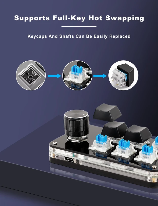 Alt view image 4 of 7 - 6-Key Programmable Mechanical Keypad with Knob, USB Mini Macro Pad One-Handed Gaming Keyboard, Custom Shortcut Keyboard for PC, Type-C Plug & Play (Black)