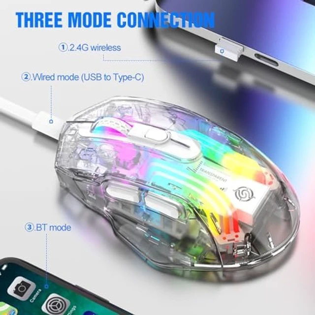Alt view image 2 of 7 - Wireless Mouse,Tri-Mode 2.4G/USB-C, Up to 3600 DPI,Transparent Mechanical Gaming Mouse,Chroma RGB Backlit, Must-Have Cool USB Computer Mouse for Gaming and Esports (White)
