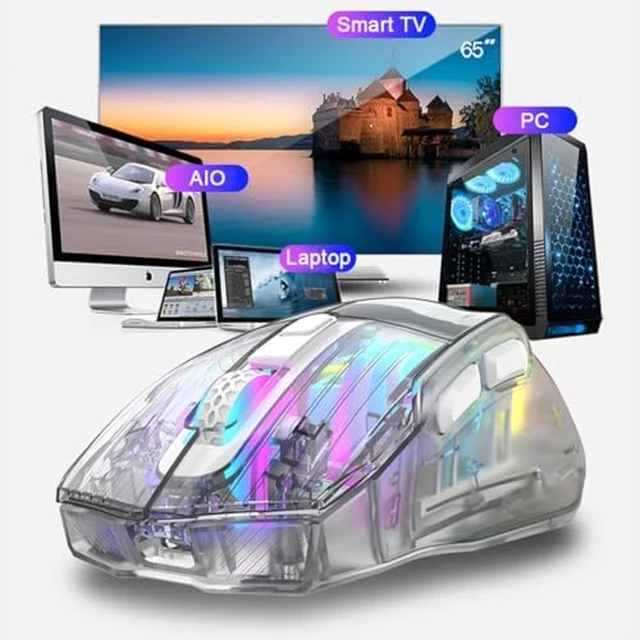 Alt view image 3 of 7 - Wireless Mouse,Tri-Mode 2.4G/USB-C, Up to 3600 DPI,Transparent Mechanical Gaming Mouse,Chroma RGB Backlit, Must-Have Cool USB Computer Mouse for Gaming and Esports (White)