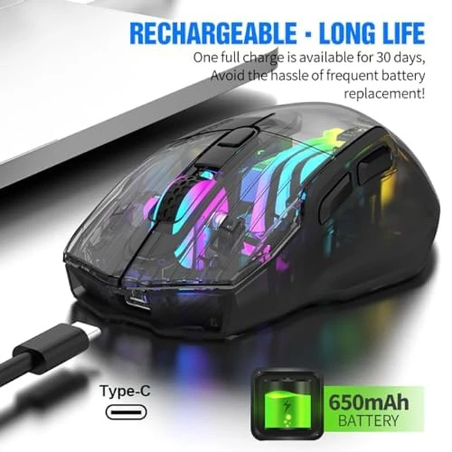 Alt view image 4 of 7 - Wireless Mouse,Tri-Mode 2.4G/USB-C, Up to 3600 DPI,Transparent Mechanical Gaming Mouse,Chroma RGB Backlit, Must-Have Cool USB Computer Mouse for Gaming and Esports (White)