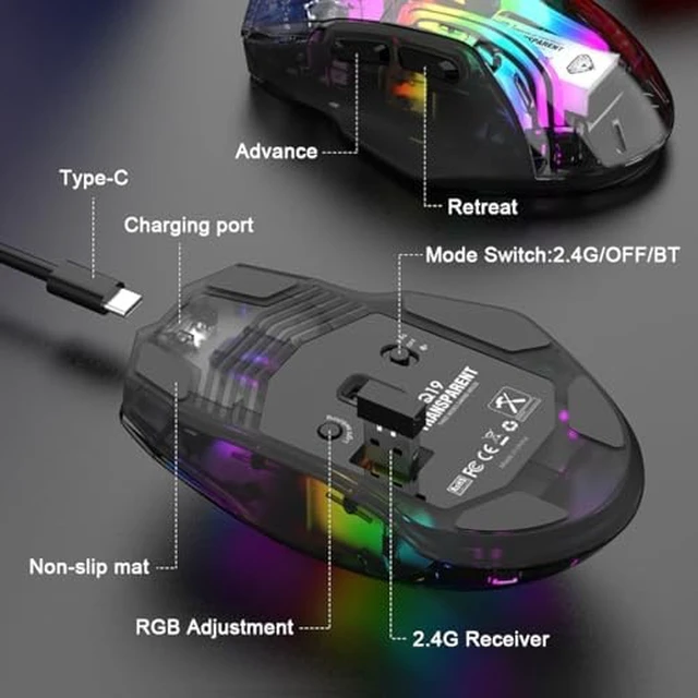 Alt view image 7 of 7 - Wireless Mouse,Tri-Mode 2.4G/USB-C, Up to 3600 DPI,Transparent Mechanical Gaming Mouse,Chroma RGB Backlit, Must-Have Cool USB Computer Mouse for Gaming and Esports (White)