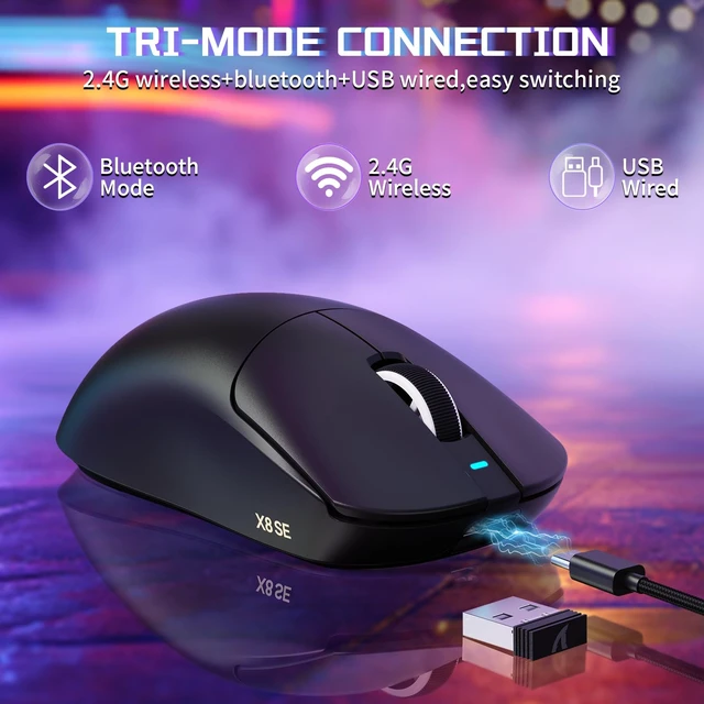 Alt view image 3 of 7 - X8 SE Tri-Mode Wireless Gaming Mouse Ergonomic 59g Lightweight | PAW3311 Optical Sensor Adjustable 25000 DPI 2.4G/Bluetooth/USB-C Wired 500mAH Battery 5 Programmable Buttons for PC/Mac-Black