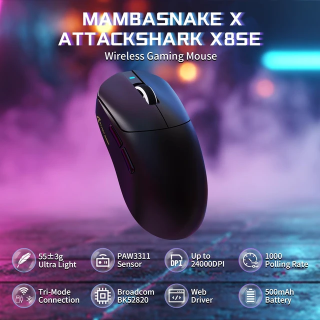 Alt view image 2 of 7 - X8 SE Tri-Mode Wireless Gaming Mouse Ergonomic 59g Lightweight | PAW3311 Optical Sensor Adjustable 25000 DPI 2.4G/Bluetooth/USB-C Wired 500mAH Battery 5 Programmable Buttons for PC/Mac-Black
