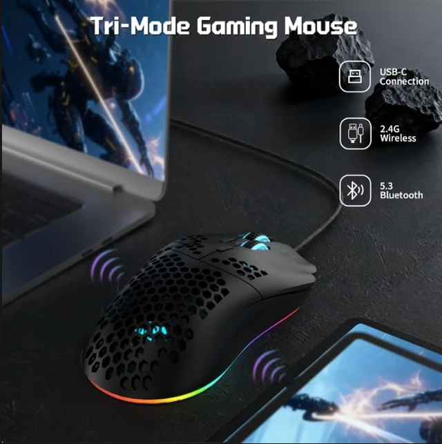 Alt view image 3 of 7 - T66 Tri-Mode Wireless Gaming Mouse Superlight Honeycomb - Black | 3600 DPI, PAW3212 Sensor, 1kHz Polling Rate, Bluetooth/2.4GHz/Wired, Ergonomic, RGB Light, Programmable Buttons