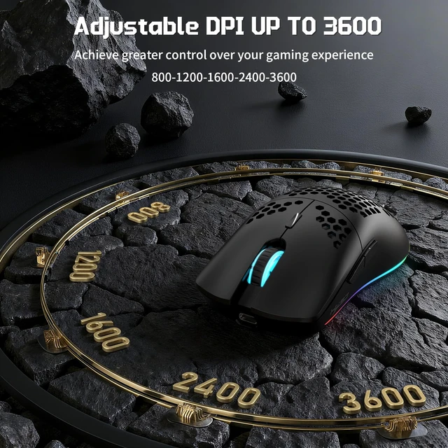 Alt view image 5 of 7 - T66 Tri-Mode Wireless Gaming Mouse Superlight Honeycomb - Black | 3600 DPI, PAW3212 Sensor, 1kHz Polling Rate, Bluetooth/2.4GHz/Wired, Ergonomic, RGB Light, Programmable Buttons