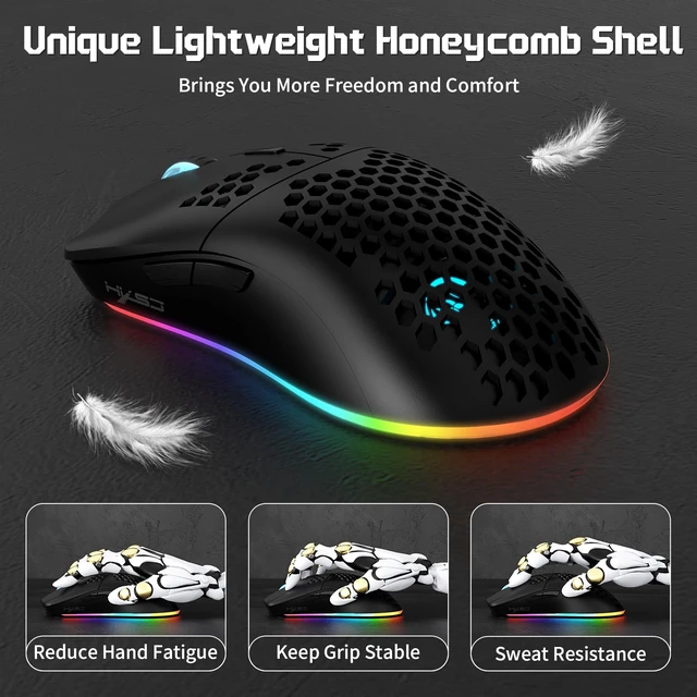 Alt view image 6 of 7 - T66 Tri-Mode Wireless Gaming Mouse Superlight Honeycomb - Black | 3600 DPI, PAW3212 Sensor, 1kHz Polling Rate, Bluetooth/2.4GHz/Wired, Ergonomic, RGB Light, Programmable Buttons