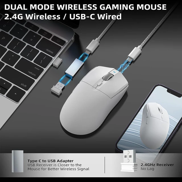 Alt view image 3 of 7 - AJ139 G Pro 59g Ultralight Dual Mode Wireless Gaming Mouse(White) | Type C Wired/2.4Ghz USB Receiver,26000DPI,Programmable,6 Button,Ergonomic Symmetric,Rechargeable for PS4 Xbox PC Mac Gamer