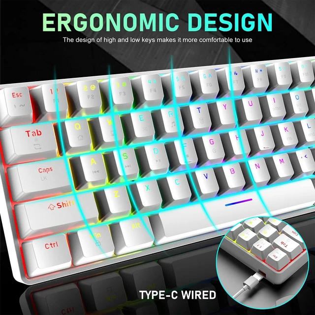 Alt view image 3 of 7 - 65% Wired Gaming Mechanical Keyboard and Mouse Combo, Mini 68 Keys, RGB Backlight, Lightweight RGB Optical Mouse,Mouse Pad Compatible with PS4,Xbox,PC,Laptop,MAC (White/Blue Switch)