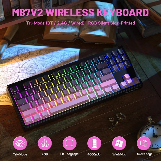 Alt view image 2 of 7 - M87V2 Wireless Gaming Keyboard, 80% TKL 87-Key Low Profile-Black | Quiet Typing, Mechanical Feel, Tri-Mode, PBT Gradient Keycaps, 16M RGB Backlit, 4000mAh Battery, USB-C for PC, Mac, Linux